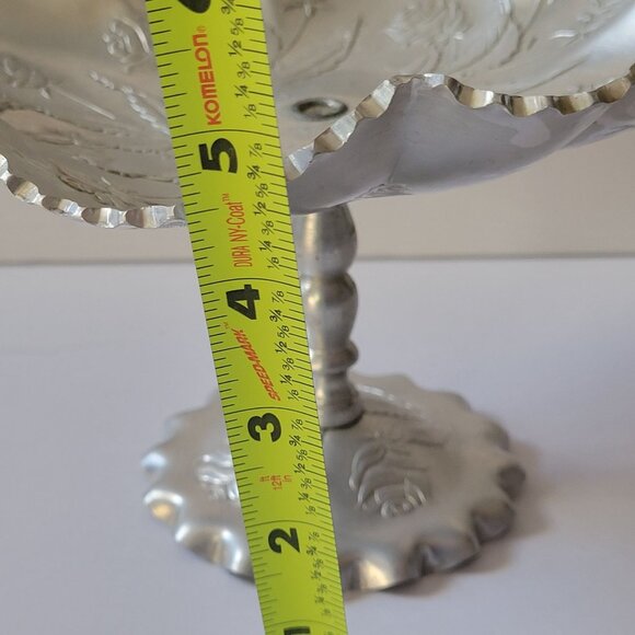 Handcrafted Aluminum Pedestal Dish With Rose Design & Scalloped Edge - Picture 6 of 7